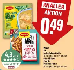 REWE Maggi Fix Lachs-Sahne Gratin oder Airfryer Paprika Pommes Frites Angebot
