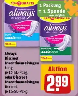REWE Always Discreet Long. Inkontinenzeinlagen oder Discreet Inkontinenzeinlagen Angebot