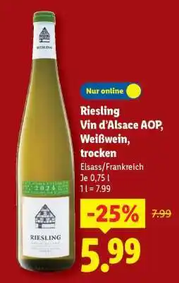 Lidl Riesling Vin d’Alsace AOP, Weißwein, trocken Angebot