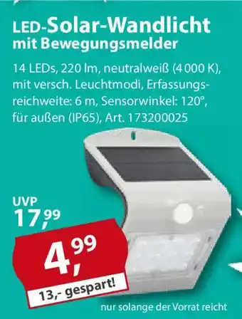 Sonderpreis Baumarkt LED-Solar-Wandlicht mit Bewegungsmelder Angebot