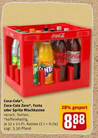 REWE Coca-cola, coca-cola zero, fanta oder sprite mischkasten softdrinks Angebot