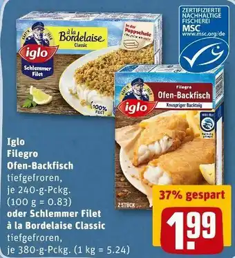 REWE Iglo filegro ofen-backfisch oder schlemmer filet à la bordelaise classic Angebot