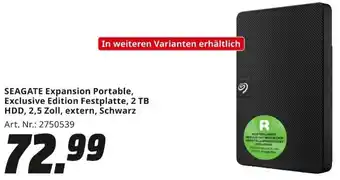 MediaMarkt SEAGATE Expansion Portable, Exclusive Edition Festplatte, 2 TB HDD, 2,5 Zoll, extern, Schwarz Angebot