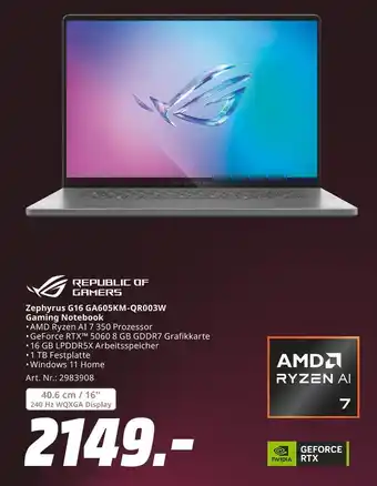 MediaMarkt Republic of gamers zephyrus g16 ga605km-qr003w gaming notebook Angebot
