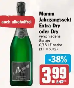 AEZ Mumm Jahrgangssekt Extra Dry oder Dry Angebot