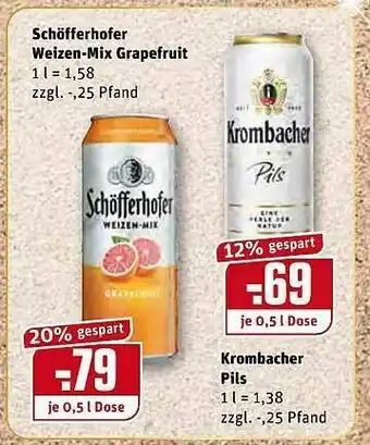 REWE Schöfferhofer Weizen-mix Grapefruit, Krombacher Pils Angebot