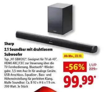 Lidl Sharp 2.1 Soundbar mit drahtlosem Subwoofer Angebot