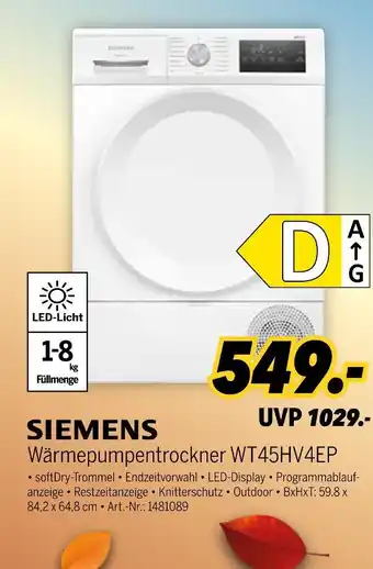 MEDIMAX Siemens wärmepumpentrockner wt45hv4ep Angebot