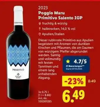 Lidl Poggio Maru Primitivo Salento IGP Angebot