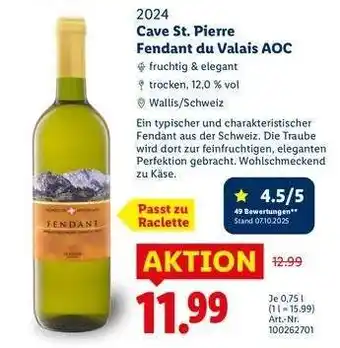 Lidl Cave St. Pierre Fendant du Valais AOC Angebot