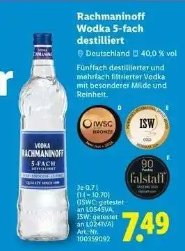 Lidl Rachmaninoff Wodka 5-fach destilliert Angebot