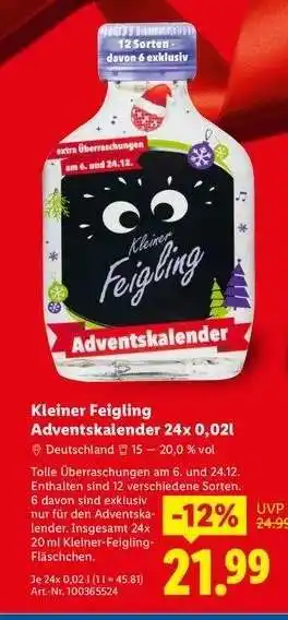 Lidl Kleiner Feigling Adventskalender 24x 0,02l Angebot