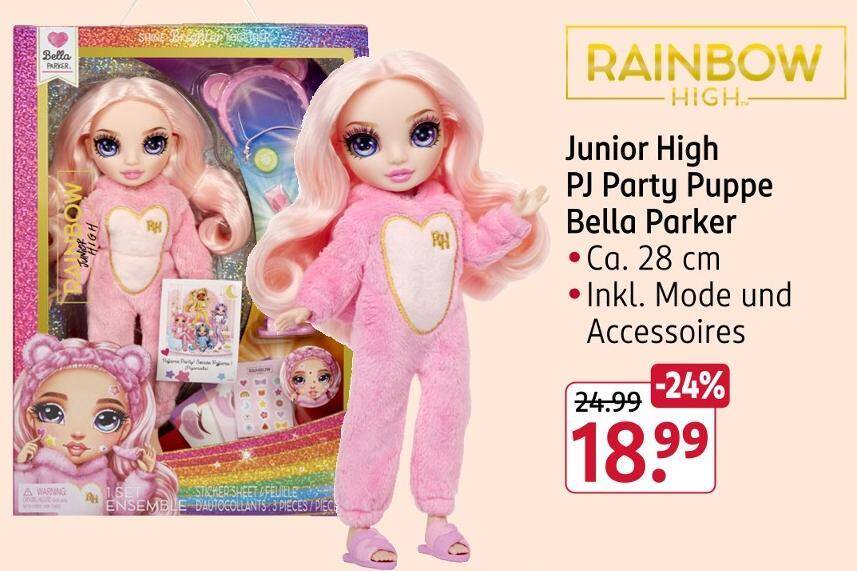 Rainbow High Junior High - Poupée Bella 22 Cm - Pyjama Party - Onesie Rose, Chaussons Et Accessoires Spa - Dès 4 Ans