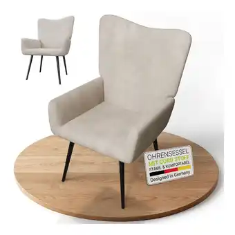 Netto Marken-Discount Juskys Ohrensessel Odense ohne Hocker, Relaxsessel mit Cord & Stahlgestell – Beige Angebot