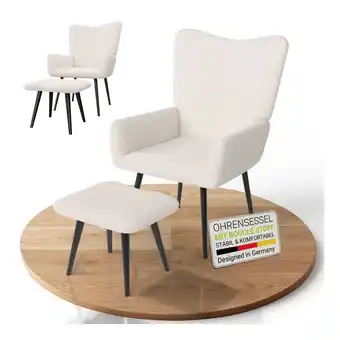 Netto Marken-Discount Juskys Ohrensessel Odense inkl. Hocker, Relaxsessel mit Boucle & Stahlgestell – Beige Angebot