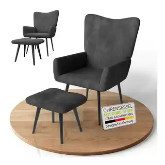 Netto Marken-Discount Juskys Ohrensessel Odense inkl. Hocker, Relaxsessel mit Cord & Stahlgestell – Grau Angebot
