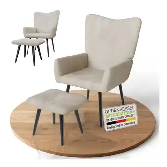 Netto Marken-Discount Juskys Ohrensessel Odense inkl. Hocker, Relaxsessel mit Cord & Stahlgestell – Beige Angebot