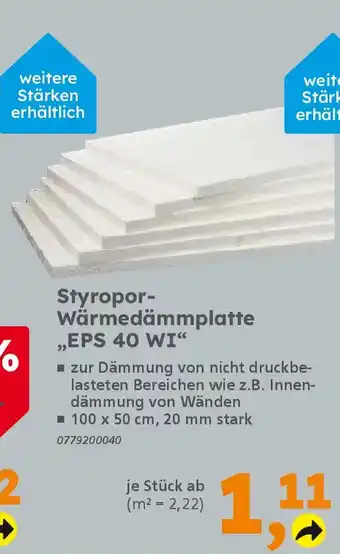 Globus Baumarkt Styropor- Wärmedämmplatte „EPS 40 WI" Angebot