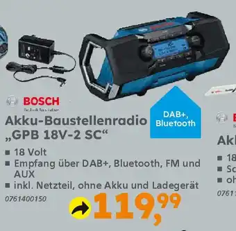Globus Baumarkt BOSCH Akku-Baustellenradio „GPB 18V-2 SC" Angebot