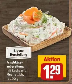 REWE Frischkäsezubereitung mit Lachs und Meerrettich, je 100 g Angebot