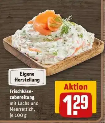 REWE Frischkäsezubereitung mit Lachs und Meerrettich, je 100 g Angebot