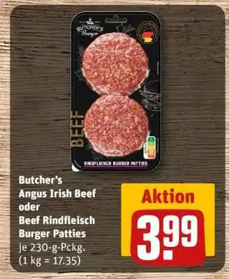 REWE Butcher's Angus Irish Beef oder Beef Rindfleisch Burger Patties Angebot