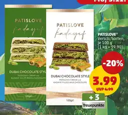PENNY Patislove dubai chocolate style pistachio cream and kadayif filled white chocolate Angebot