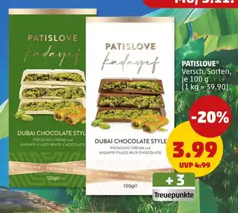 PENNY Patislove dubai chocolate style pistachio cream and kadayif filled white chocolate Angebot