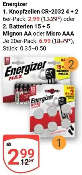 Globus Energizer Knopfzellen CR-2032 4+2 Angebot