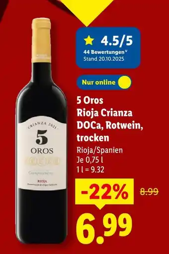 Lidl 5 oros rioja crianza doca, rotwein, trocken Angebot