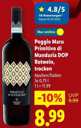 Lidl Poggio Maru Primitivo di Manduria DOP Rotwein, trocken Angebot