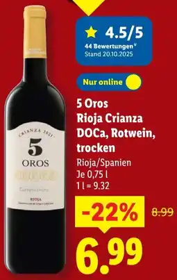 Lidl 5 Oros Rioja Crianza DOCa, Rotwein, trocken Angebot