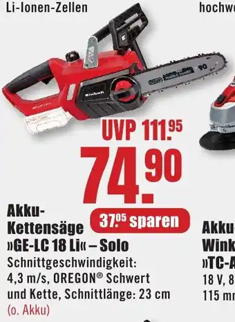 B1 Discount Baumarkt Einhell Akku- Kettensäge >>GE-LC 18 Li«<- Solo Angebot