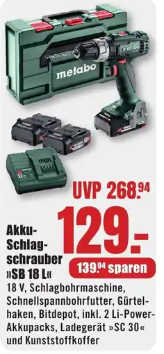B1 Discount Baumarkt metabo Akku- Schlag- schrauber >>SB 18 L<< Angebot