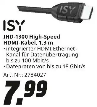 MediaMarkt ISY IHD-1300 High-Speed HDMI-Kabel, 1,3 m Angebot