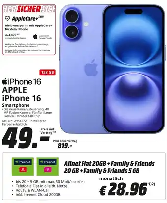 MediaMarkt APPLE iPhone 16 Smartphone Angebot