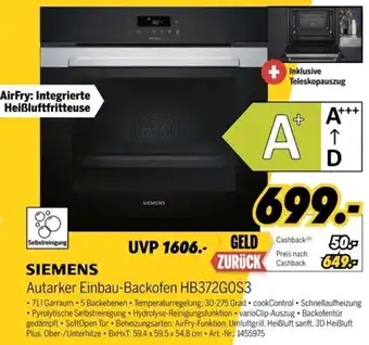 MEDIMAX SIEMENS Autarker Einbau-Backofen HB372G0S3 Angebot
