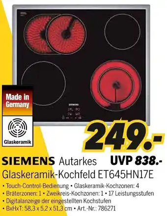 MEDIMAX SIEMENS Autarkes Glaskeramik-Kochfeld ET645HN17E Angebot