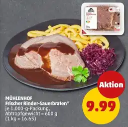 PENNY MÜHLENHOF Frischer Rinder-Sauerbraten* je 1.000-g-Packung, Abtropfgewicht = 600 g (1 kg = 16.65 Angebot
