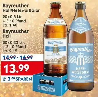 Hol'ab Getränkemarkt Bayreuther Hell/Hefeweißbier 20x0,5L oder Bayreuther Hell 20x0,33L Angebot