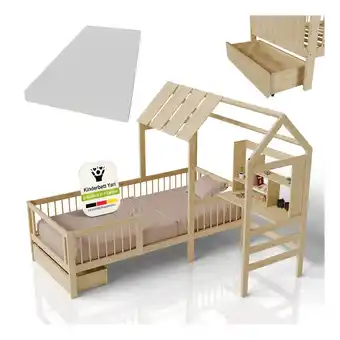 Netto Marken-Discount Juskys Kinderbett Yari 90x200 cm - Integrierter Schreibtisch, Praktische Schublade - natur Angebot