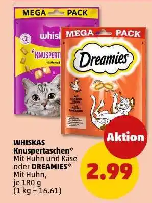 PENNY WHISKAS Knuspertaschen Mit Huhn und Käse oder DREAMIES Mit Huhn Angebot