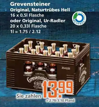 Klaas und Kock Grevensteiner Original, Naturtrübes Hell 16x0,5L oder Original, Ur Radler 20x0,33L Angebot