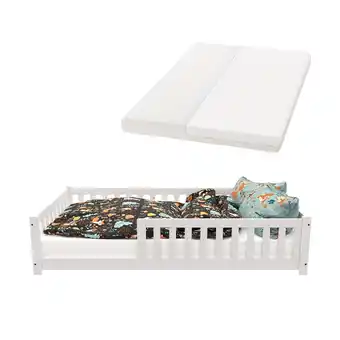 Netto Marken-Discount Juskys Kinderbett Naya 120x200 cm - Bett mit Matratze, Rausfallschutz & Lattenrost - Bodenbett Weiß Angebot