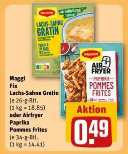 REWE Maggi Fix Lachs-Sahne Gratin oder Airfryer Paprika Pommes Frites Angebot