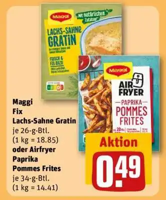 REWE Maggi Fix Lachs-Sahne Gratin oder Airfryer Paprika Pommes Frites Angebot