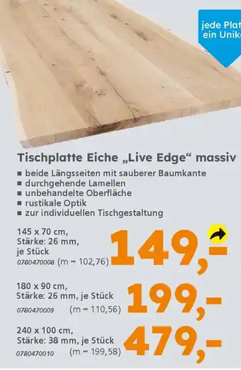 Globus Baumarkt Tischplatte Eiche „Live Edge❝ massiv Angebot