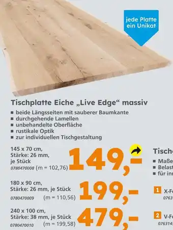 Globus Baumarkt Tischplatte eiche „live edge“ massiv Angebot