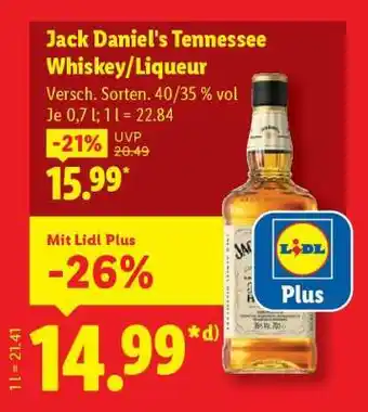 Lidl Jack Daniel's Tennessee Whiskey/Liqueur Angebot