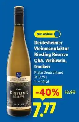 Lidl Deidesheimer Weinmanufaktur Riesling Réserve QbA, Weißwein, trocken Angebot